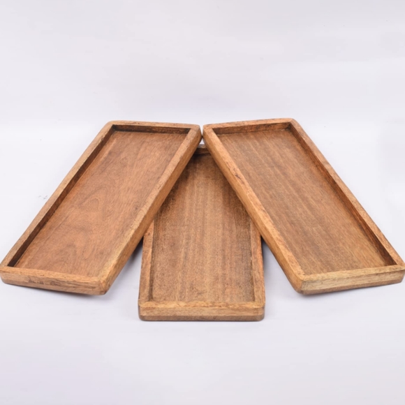 handmade Accents Set Of 3 New Antiqued Rectangle Carved Mango Wood Food Safe Tray Bohemian